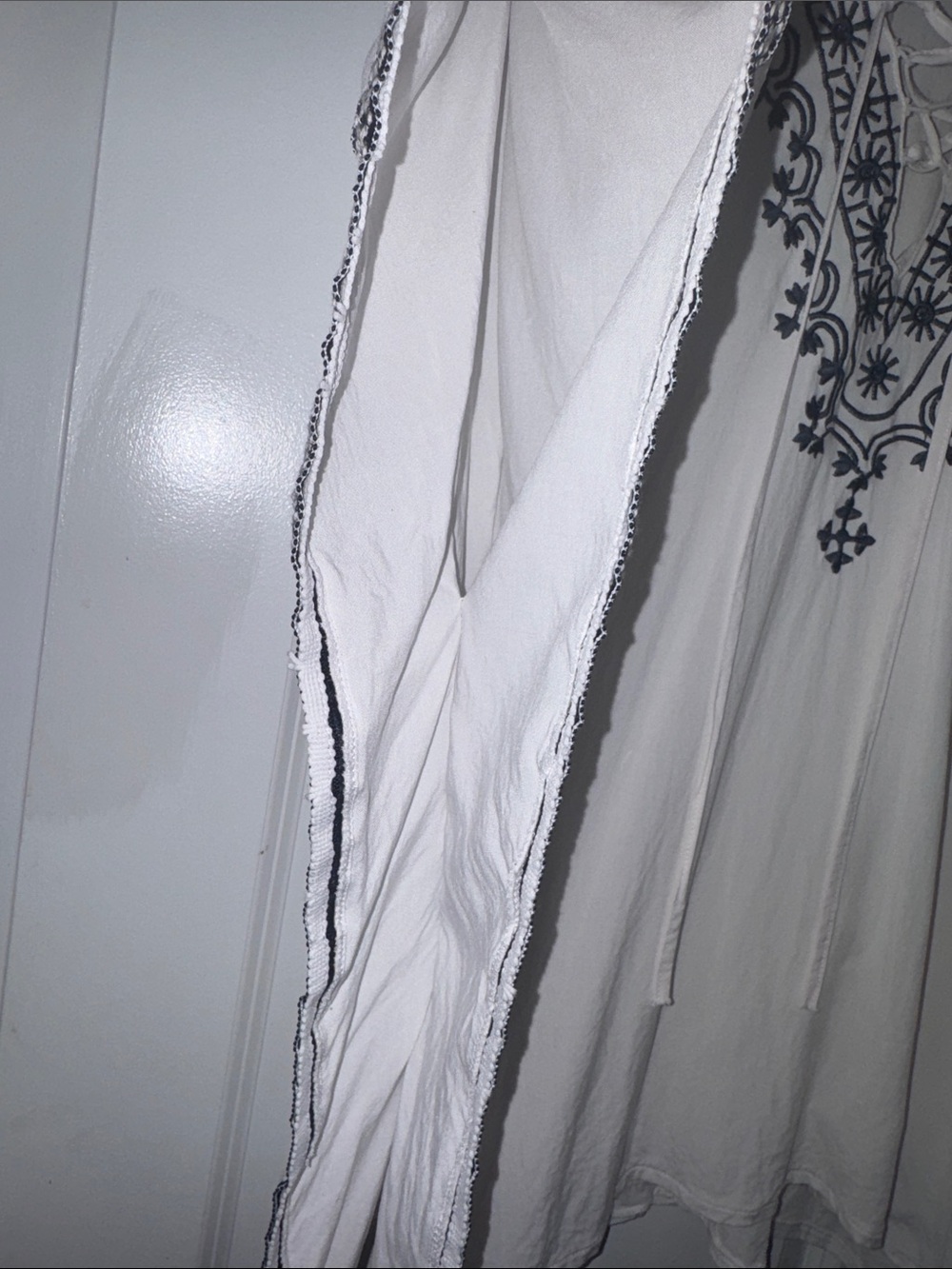 White Boho Lace-Up Kaftan with Navy Embroidery - Picture 4 of 5